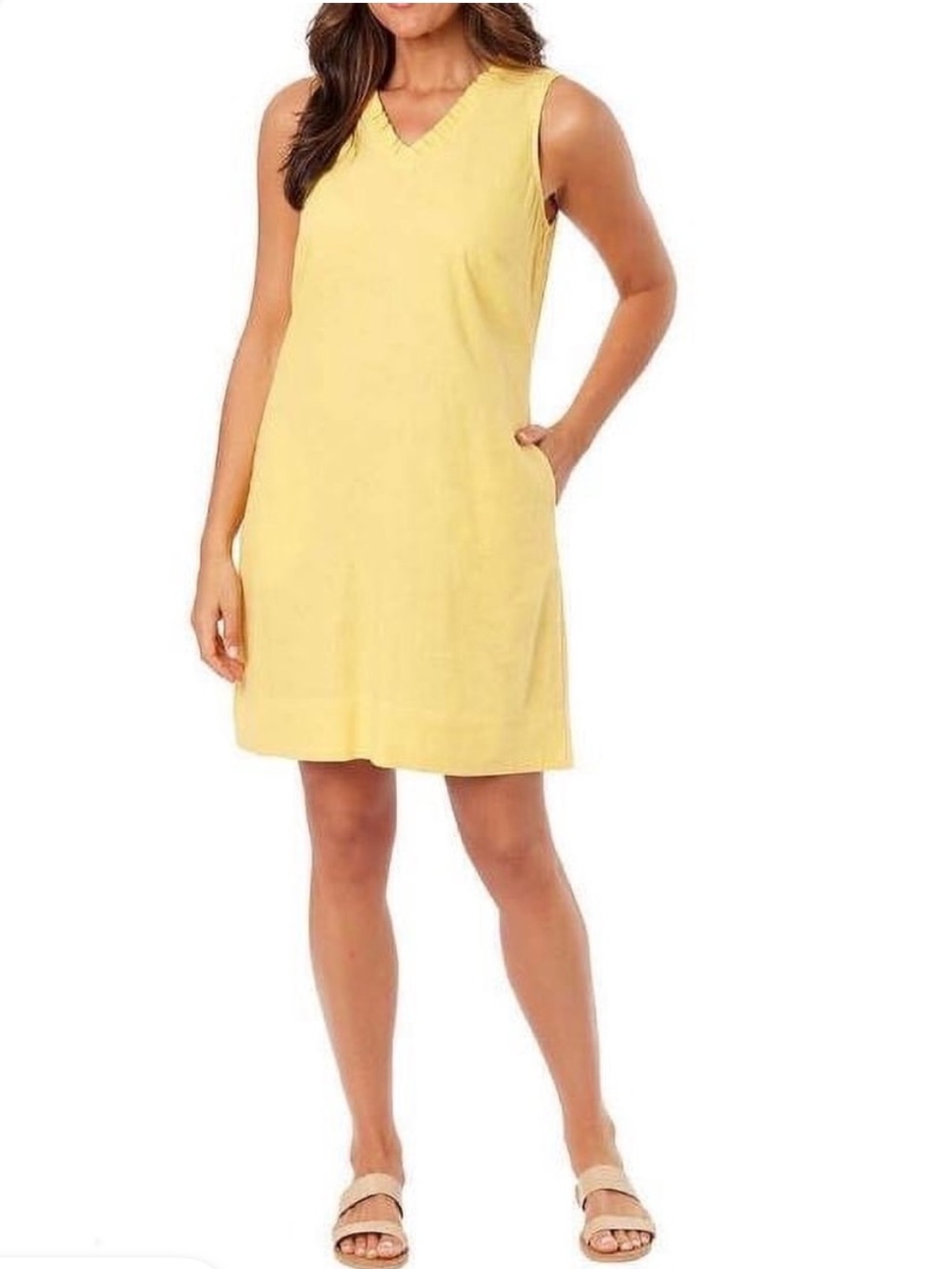 Briggs yellow linen rayon blend ruffle v-neck shift dress summer
